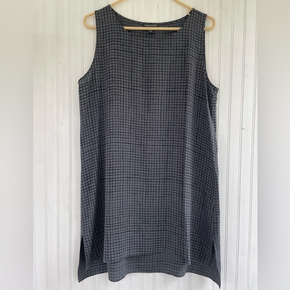 Eileen Fisher Gray Grid Printed 100% Silk Crepe Tunic Oversized Size Medium - Picture 1 of 7